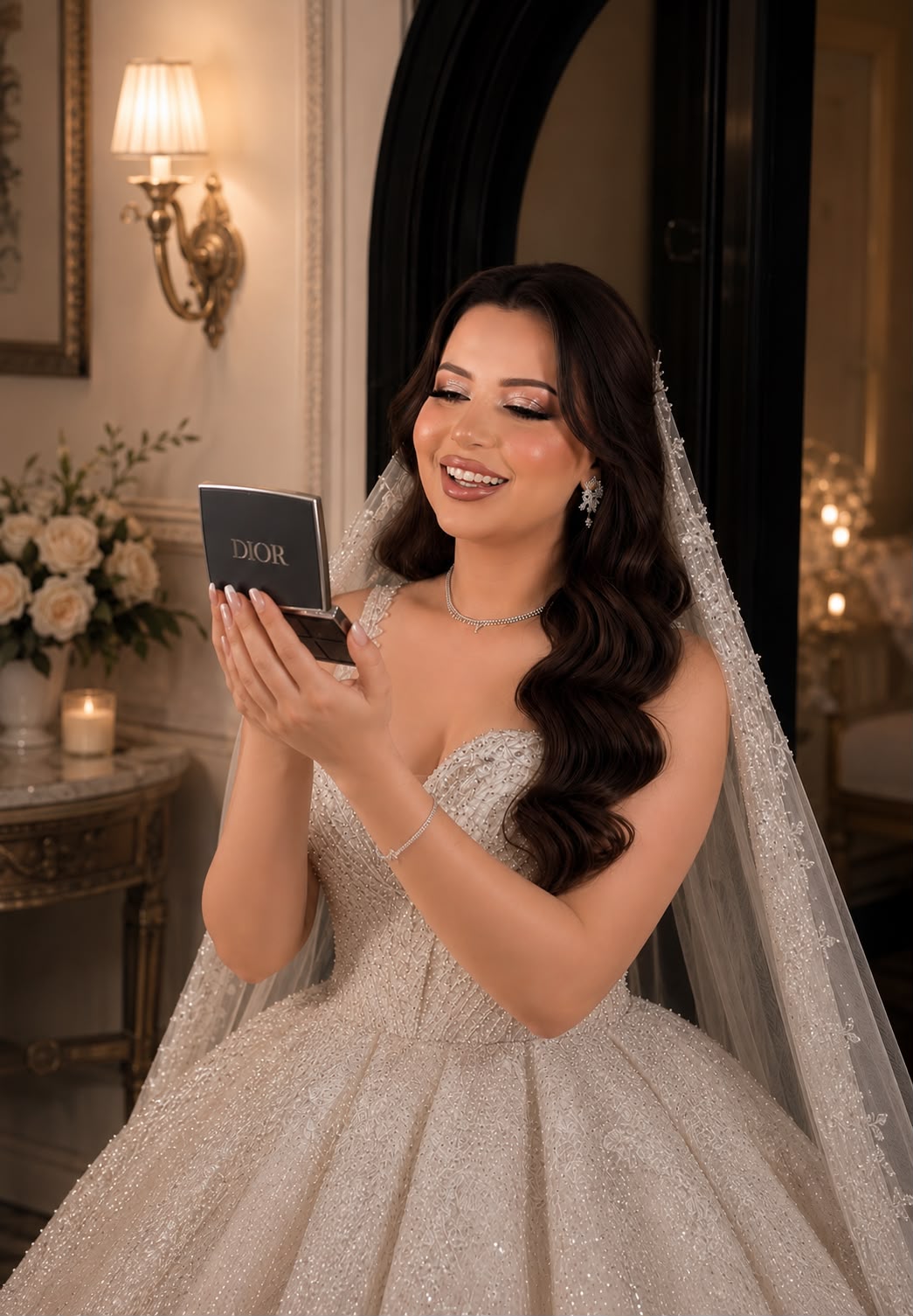 Maquillage soirée pour femme voilée, teint éclatant et robe perlée