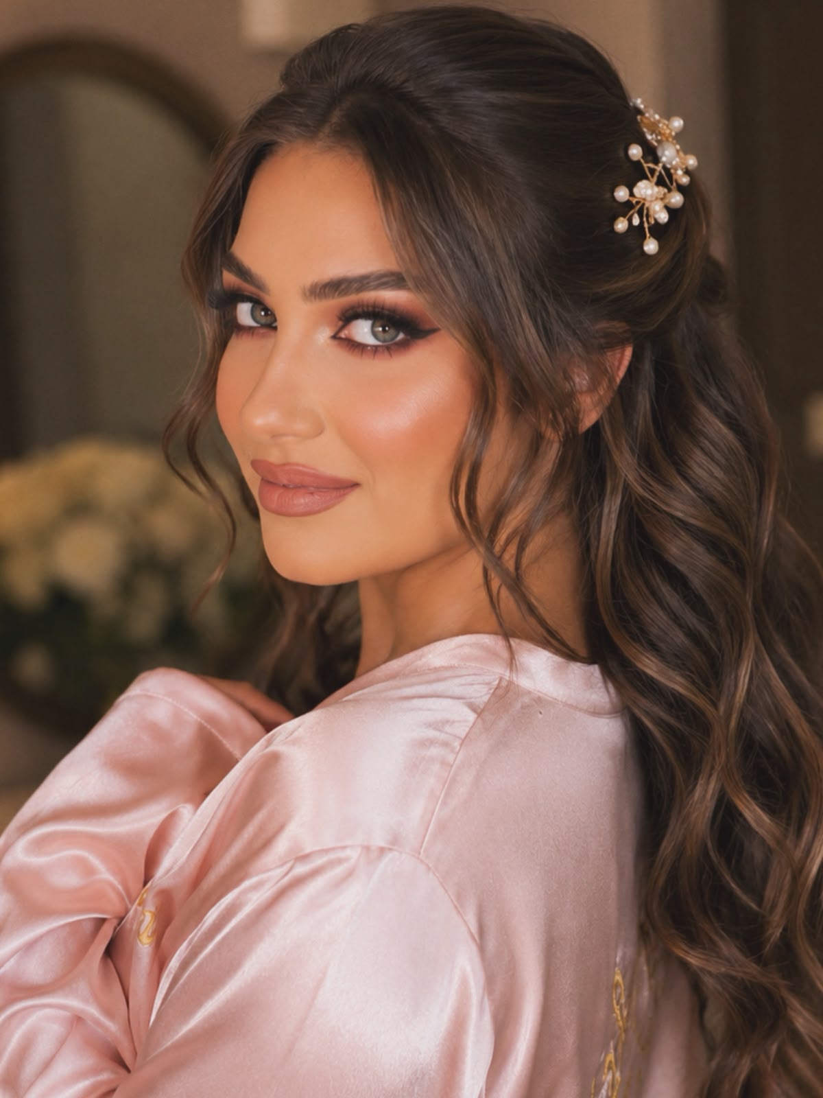 Teint glowy, blush rosé et regard bronze avec chignon lisse