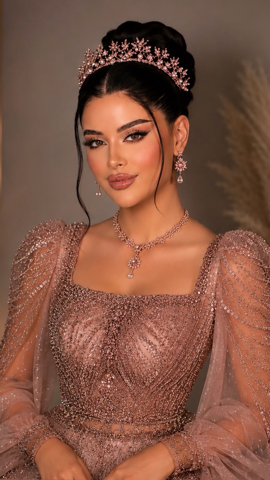 Maquillage rosé, chignon haut et parure rose gold sur robe perlée